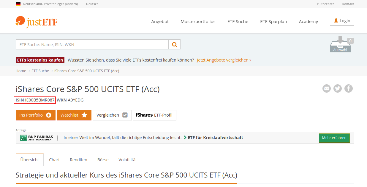 JustETF page for iShares Core S&P 500 UCITS ETF (Acc) with ISIN highlighted