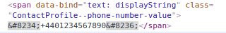 Screenshot of Web Skype html code with &#8234\; and &#8236\; around the number.