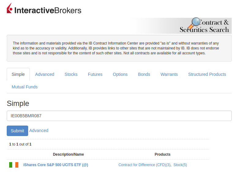Interactive Brokers search result window for IE00B5BMR087.