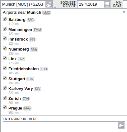 Screenshot of azair.com with list of airports close to Munich.
