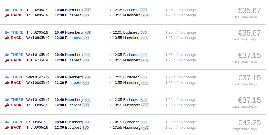 Screenshot of azair.com with cheap flights from Nuernberg.