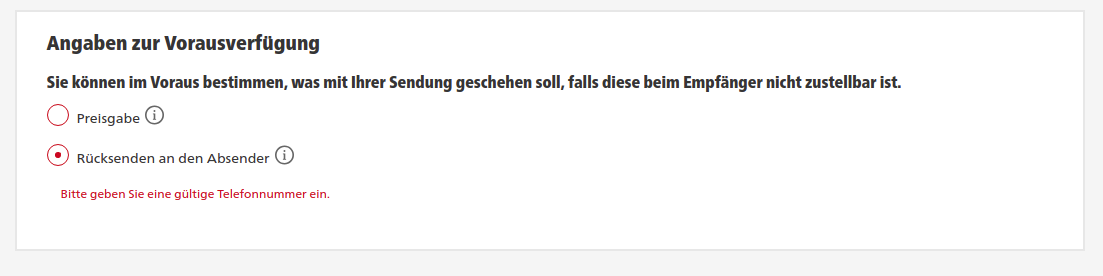 Screenshot of DHL form asking what to do when delivery fails. "Return to sender" is selected and below there is an error "Please give a valid telephone number".